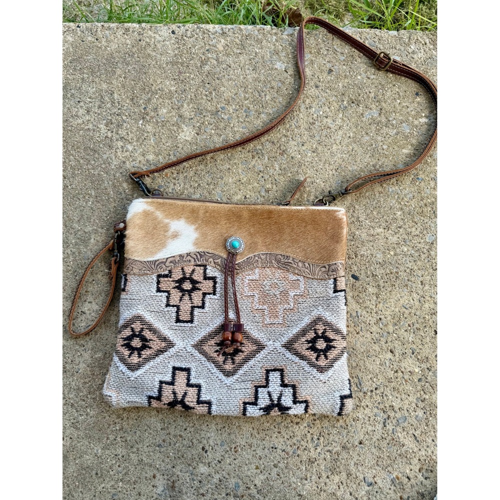 Myra Bag Western Kilim Canvas Hair On Hide Crossbody Bag with Tooled Leather